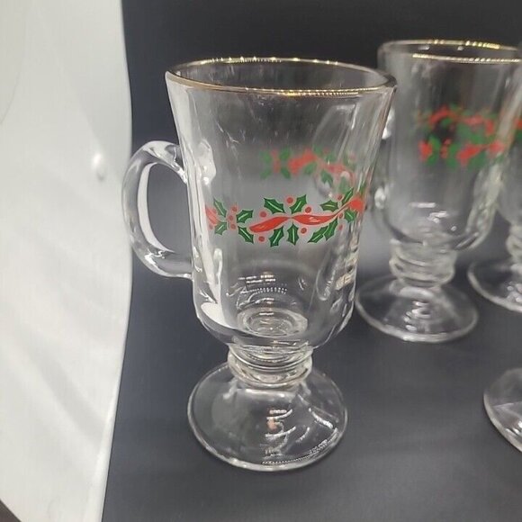 VTG Libbey Christmas Holly Berry Irish Coffee Mugs Glass footed Gold rim - Picture 5 of 6